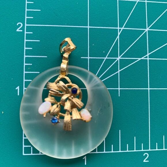 Vtg Hobe’ camphor glass gold tone round floral opal faux sapphire pendant - Picture 2 of 6